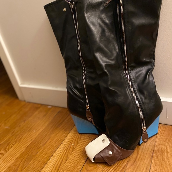 SENNA BUCKLE DETAIL SQUARE TOE BLUE WEDGE HEEL KNEE HIGH BOOT IN BLACK FAUX LEAT - Picture 6 of 12